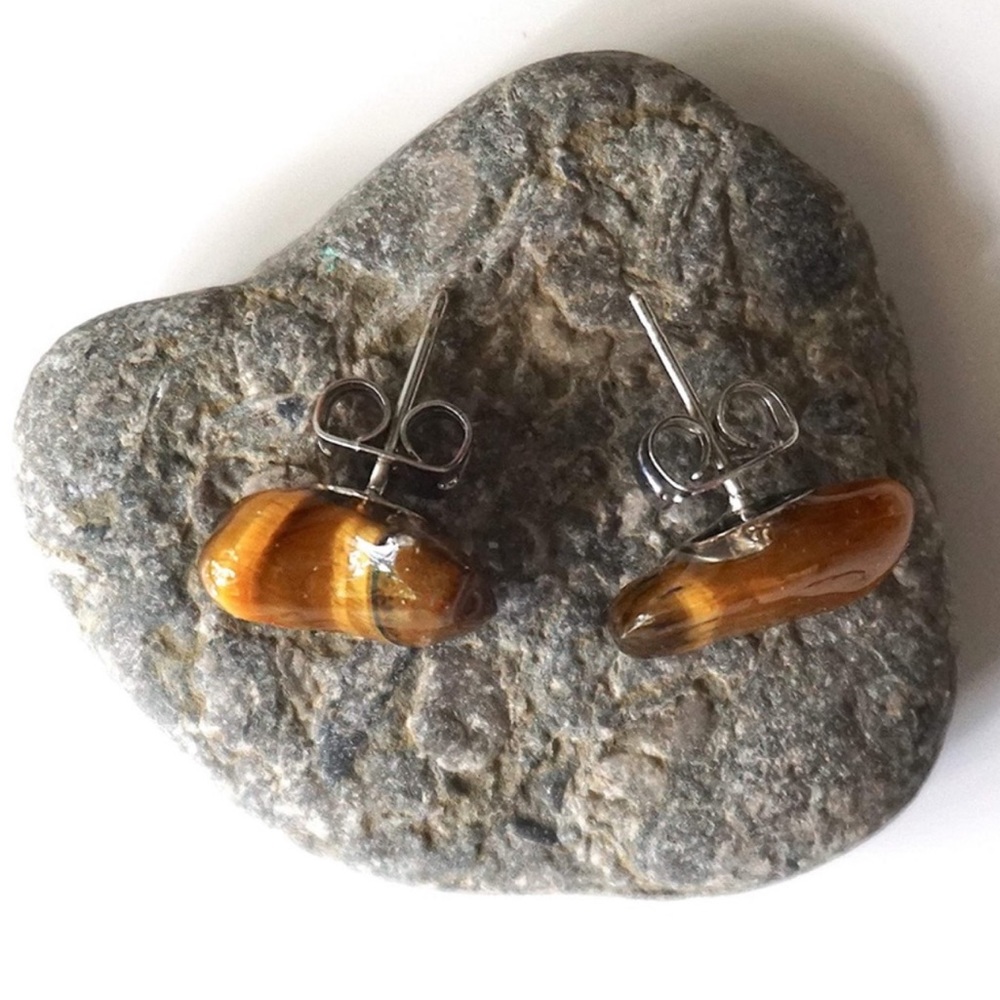 New Handmade Raw Natural Tumbled Tiger Eye 925 Sterling Silver Stud Earrings - Picture 7 of 12